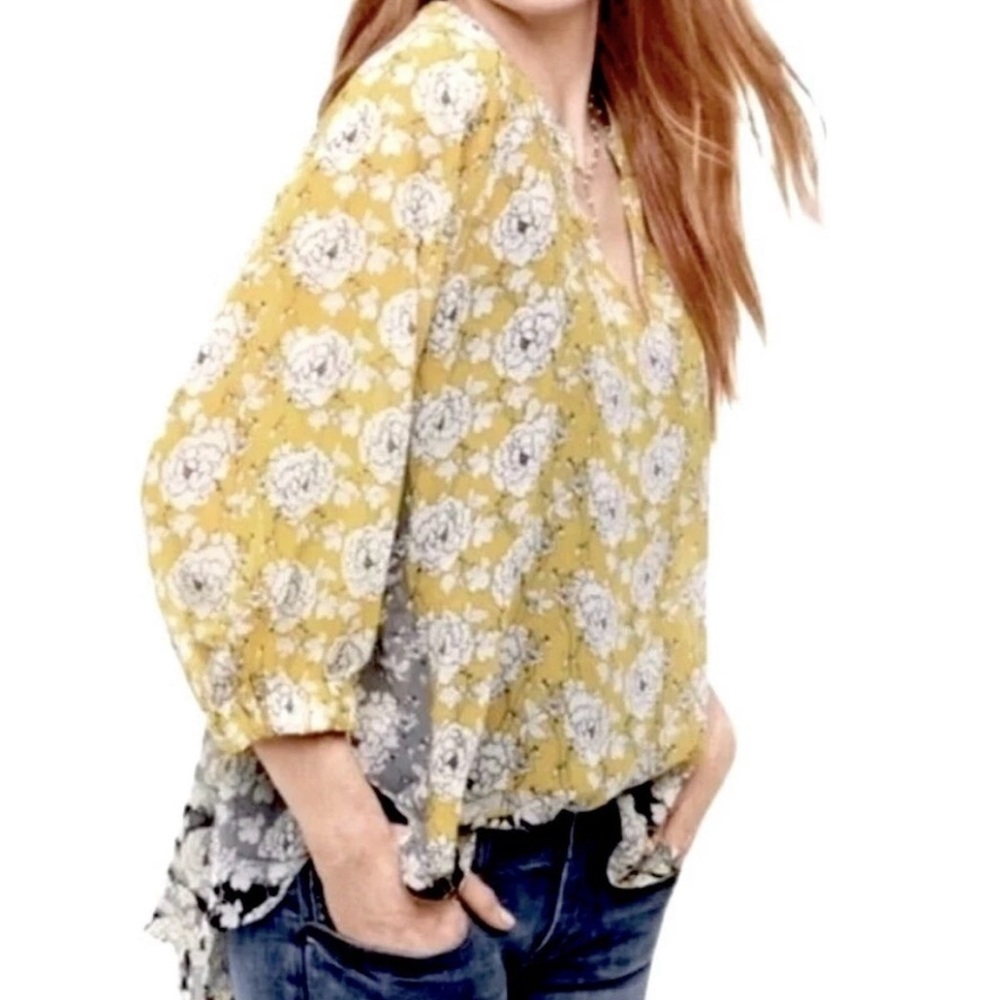 CAbi Amelia Gather Top Yellow Floral Sheer Peasant Blouse Style 5713 Sz S